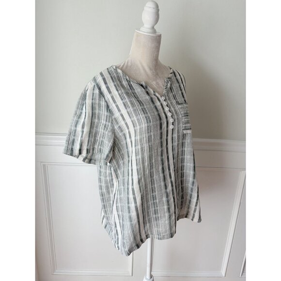 Sage and Cream Striped Textured Popover Blouse Top XL - Picture 3 of 6